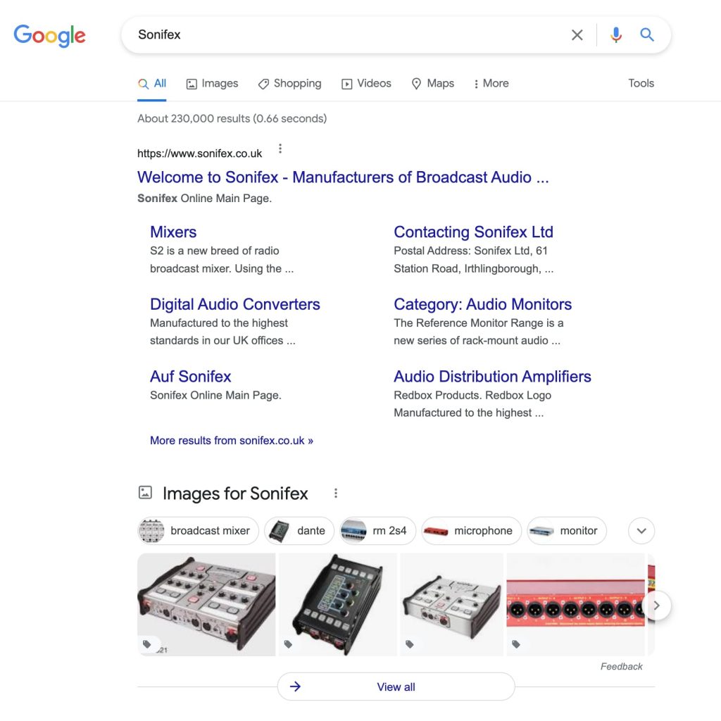 Sonifex Google results
