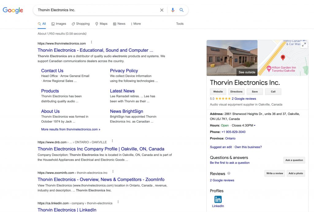 Thorvin Electronics Google results