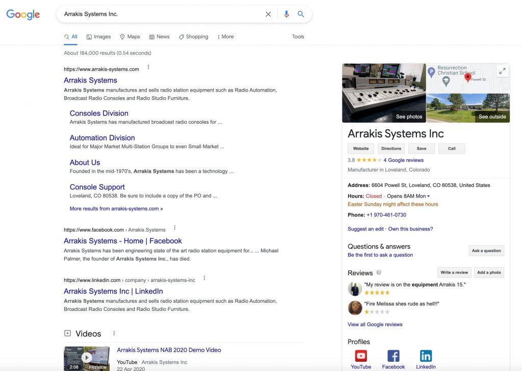 Arrakis Systems Google Results